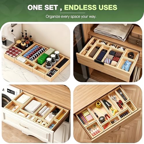 9-Pack Solid Wood Junk Drawer Organizer, Modular Desk Drawer Tray & Accessories with Non-Slip Pad, Multi-Use for Kitchen, Office, Bedroom Dresser, Utensil, Makeup, Stationery, Tea Bags & Coffee Pod - Image 6