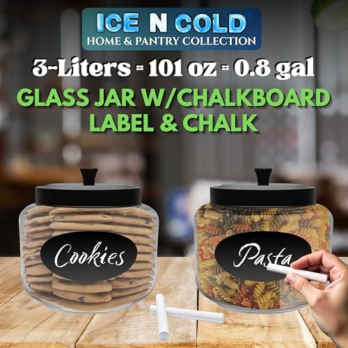 ICE N COLD Kitchen and Laundry Storage Glass Jar – Wide Mouth Round Glass Storage Container with Black Steel Lid and Chalkboard Label - 2 Sticks of Chalk Included (6, 3L | 101oz | 0.8 Gallon) - Image 4