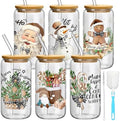 6 Set Christmas Glasses Cups with Bamboo Lid and Glass Straw 16 oz Vintage Christmas Drinking Cup Santa Gingerbread Beer Iced Coffee Cup Xmas Tumbler Mugs for Women Men Holiday Party Gifts by Yetene