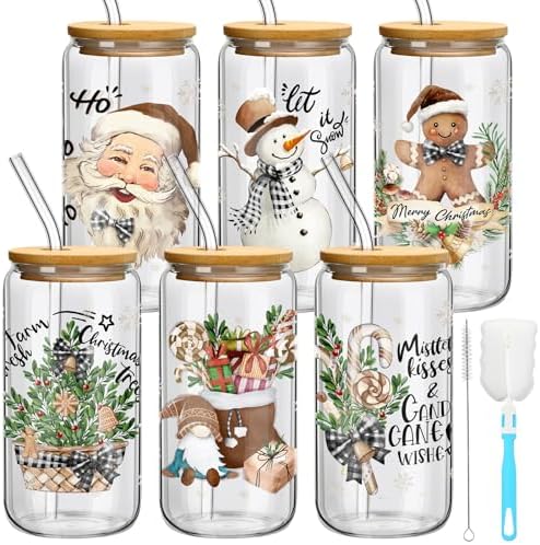 6 Set Christmas Glasses Cups with Bamboo Lid and Glass Straw 16 oz Vintage Christmas Drinking Cup Santa Gingerbread Beer Iced Coffee Cup Xmas Tumbler Mugs for Women Men Holiday Party Gifts by Yetene