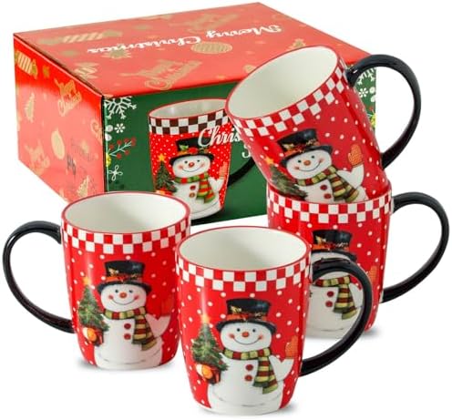 HASENSE Christmas Coffee Mugs Set of 4,15 oz Ceramic Holiday Cups with Handles, Matching Xmas Mugs for Hot Cocoa,Coffee or Tea,Ideal Xmas Gifts for Family,Friends,and Holiday Parties,Colorful by Hasense