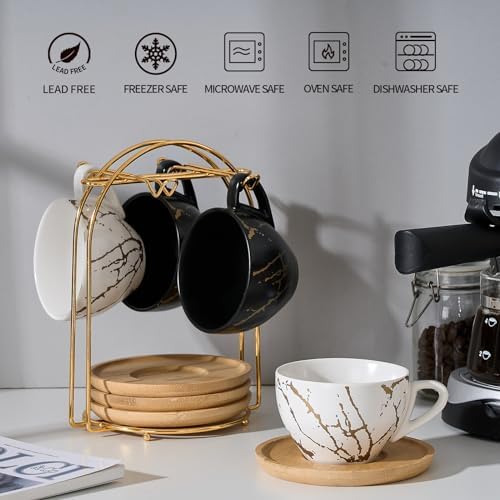 LUKA Ceramic Demitasse Espresso Cups Set with Saucers and Metal Stand, 8 oz Porcelain Stackable Cappuccino Cups Teacup For Tea, Espresso, Latte, Coffee, Cafe Mocha, Set of 4, White & Black - Image 4