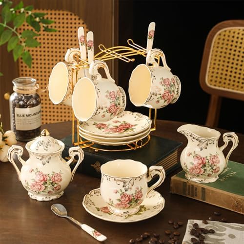 Tea Cups and Saucers Set of 6, 8 Oz Ivory Porcelain Teacups with Pink Rose Floral Pattern, Trim Vintage European Style Teacup Sets with Spoons for Afternoon Tea & Home Entertaining - Image 4