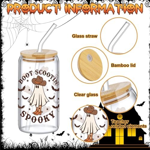 8 Pcs Halloween Ghost Glass Cups with Lids and Straws, 16 oz, Western - Image 4