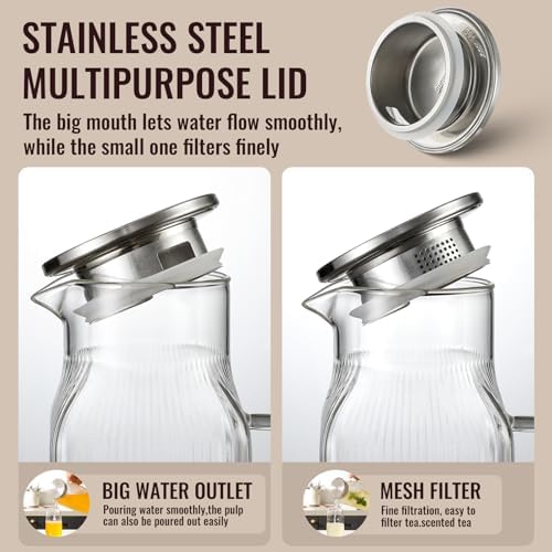 2 Pack 2 Liter/68 oz Square Glass Pitcher with Lid, Classic Stripes Water Pitchers with Handle for Fridge, Large Jug for Iced Tea, Borosilicate Glass Carafe for Hot/Cold Brew Drink, Silver - Image 5