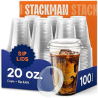 Clear Plastic Cups with Strawless Sip Lids - 20 oz [100-Sets] PET Cups by StackMan