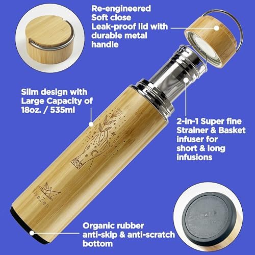 18oz Insulated Bamboo Tea Infuser Bottle for Loose Leaf Tea - Extra Fine Mesh Tea Steeper Basket Infuser with Chain Hook for Teapot Mug Cup - Image 3