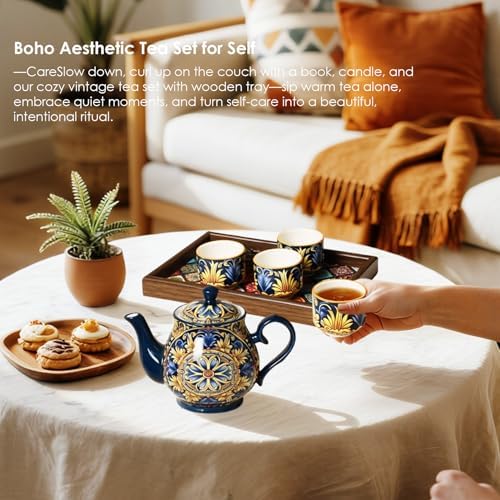 ACMLIFE Tea Sets for Adults, Ceramic Teapot Set with Cups for 4, Boho Tea Set with Tray, Vintage Floral Fine China Tea Set, Bohemian Gift for Mother's Day, Blue and White (blue) - Image 5