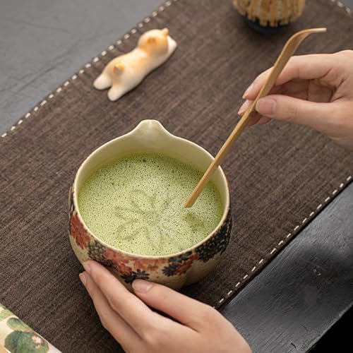 Matcha Set, 8-Piece Antique Pottery Ceremony Kit with Flame Blush Glaze, Gold Tracing, Bamboo Whisk & Chawan for Japanese Tea (Colour 1) - Image 7
