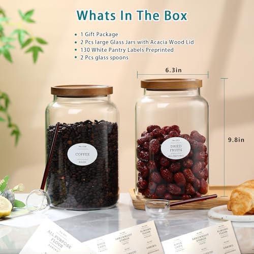 1 Gallon Glass Jars with Wood Lids and glass spoon, Sealable Waterproof, Borosilicate Large Tall Glass Sugar Flour Storage Container Jar Set for Candy, Cereal - 2 Pack (1 Gallon - 2 pack) - Image 2