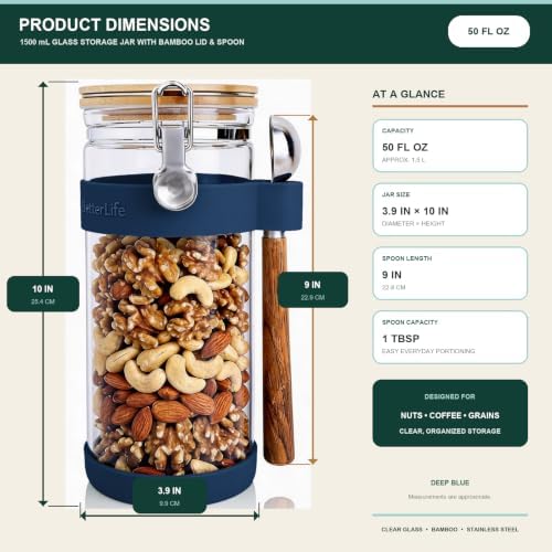 KKC Nut Storage Container Airtight Glass Jar 1500ml 50 oz - Airtight Pantry Storage Canister with Bamboo Lid, Silicone Protective Sleeve & 1 TBSP Long Wooden Handle Spoon for Walnut Almond Pecan - Image 2