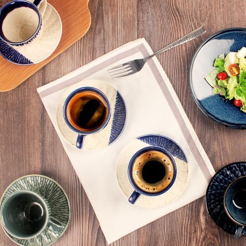 Coffee Mugs Set, 6.8 oz, Ceramic Tea Cup with saucer, Espresso Cups 8-piece, Stackable Cups, for Latte,Hot Tea,Cappuccino, Mocha, Cocoa, dishwasher & microwave safe, Blue border - Image 4