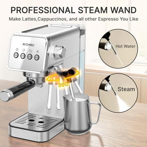 AYCHIRO 20-Bar Espresso Machine with Milk Frother, Professional Espresso Coffee Machine for Home, Stainless Steel Cappuccino Maker, Removable Water Tank & Drip Tray, Silver - Image 6