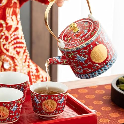 Chinese Tea Set Traditiona, Chinese Wedding Tea Ceremony Set Red Ceramic Double Happiness Decorations with 1 Tea Pot & 6 Tea Cups for Newlyweds and Friends - Image 3