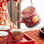 Chinese Tea Set Traditiona, Chinese Wedding Tea Ceremony Set Red Ceramic Double Happiness Decorations with 1 Tea Pot & 6 Tea Cups for Newlyweds and Friends - Image 3