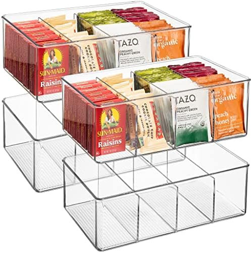 Sorbus Storage Bins with Dividers - Clear Plastic Organizer - Store Tea Bags, Spices, Seasonings, Drink Packets, Oatmeal - Snack Storage & Display Containers for Kitchen & Pantry (4 Pack) by Sorbus