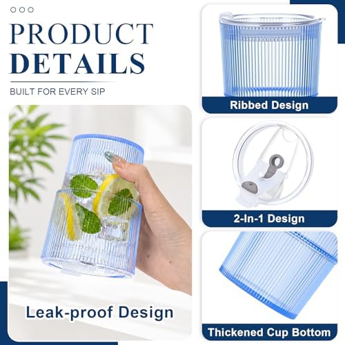 8 Pcs 15oz Plastic Tumblers with Lids and Straw Ribbed Iced Coffee Cups Blue Reusable Plastic Cups Leak-Proof Travel Iced Coffee Tumblers for Home Office Travel with Clean Brush - Image 3