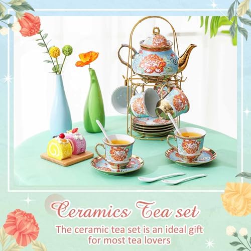 Zhehao 20 Pcs Porcelain Tea Set for Adult, with Metal Holder, Retro - Image 5