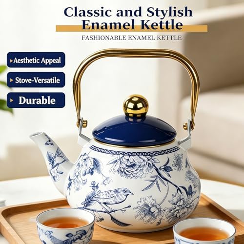 Enamel Tea Kettle, Vintage Tea Pot Stovetop with Folding Handle for Tea, Coffee, Milk(1.5L) - Image 2