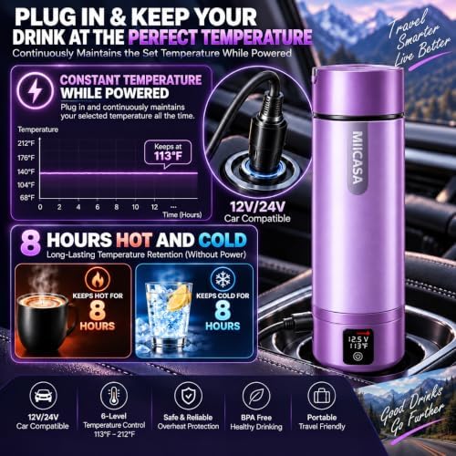 Vacuum Insulated Car Electric Kettle,Miicasa Stainless Steel Tumbler Car Water Heater,12V/24V Water Boiler with 6 Temperature and Auto Shut-Off Boil Dry - Image 4