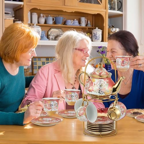 Zhehao 20 Pcs Porcelain Tea Set for Adult, with Metal Holder, Noble - Image 5