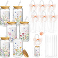 Mumufy 6 Sets Wildflower Cute Glass Cups with Lids and Straws Bulk, 16 Oz by Mumufy