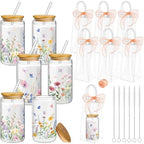 Mumufy 6 Sets Wildflower Cute Glass Cups with Lids and Straws Bulk, 16 Oz by Mumufy