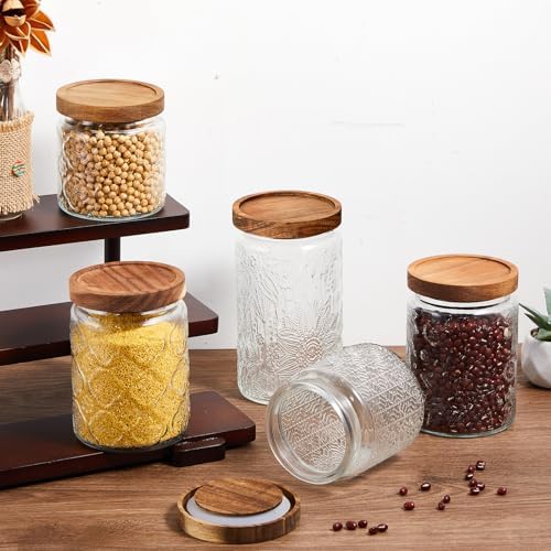 Gerrii Clear 5 Pcs Vintage Glass Food Storage Containers 17/24/34 oz Glass Jar with Lid Airtight Candy Food Canisters for Kitchen Counter Pantry Coffee Beans (Begonia,Sunflower,Window Grilles Round) - Image 6