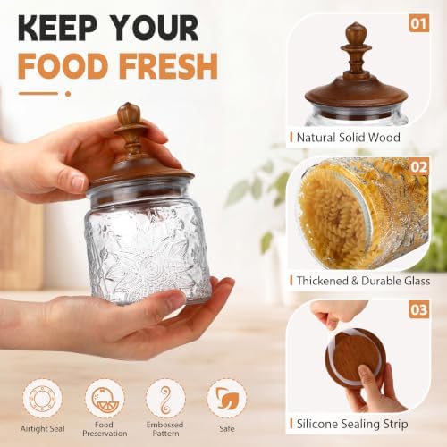 Suclain 6 Pack 17 oz Glass Spice Jars with Dark Wood Lids Vintage Canisters with Garden Pattern Airtight Food Storage Container for Home Kitchen Tea Coffee Spice Pantry Organization Decorations - Image 3