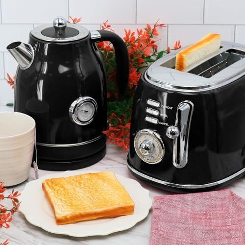 1.8 Quart Electric Tea Kettle and 2 Slice Toaster Combo, Retro Kitchen Appliance Set with Adjustable Browning and Water Temperature Gauge (Black) - Image 2