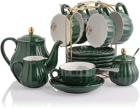 Sweejar Porcelain Tea Sets British Royal Series, 8 OZ Cups& Saucer Service for 6 and 3 Tier Ceramic Cake Stand Cupcake Stand and Foldable Tea Cups Display Stand Espresso Cups Holder - Image 2