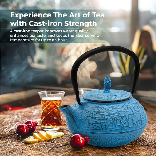 Zen Minded Traditional Japanese Cast Iron Tetsubin Stovetop Teakettle Teapot with Stainless-steel Mesh Loose-leaf Filter for Green Tea & Infusions 800ml Pine Pattern - Blue - Image 2