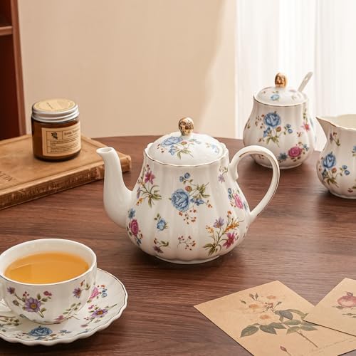 Floral Small Teapot With Infuser，24oz Ceramic Tea Pot for Blooming Loose Leaf Tea, Coffee,Milk (Multicolor Floral) - Image 5