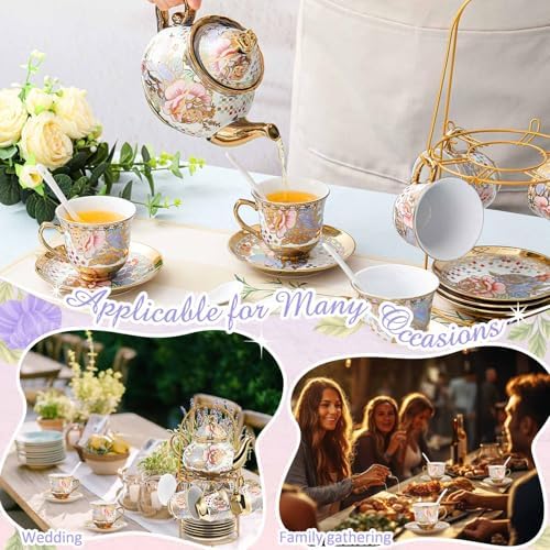 Zhehao 20 Pcs Porcelain Tea Set for Adult, with Metal Holder, Rustic - Image 4