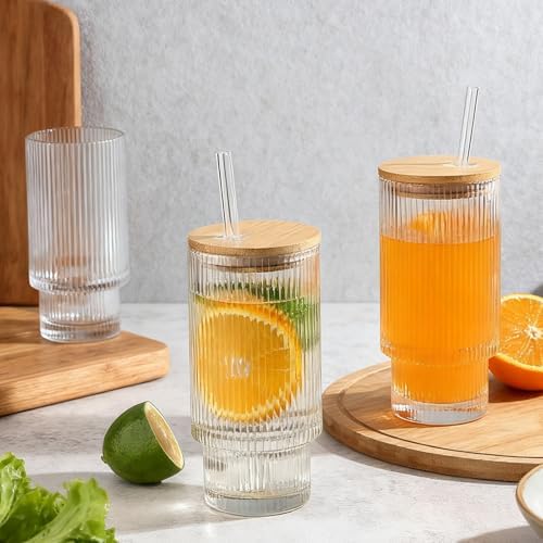 4 Pack Glass Cups with Lids and Straws, 16oz Ribbed Drinking Glasses Tumblers Durable Drinkware Water Glasses Cup Ideal Gift for Home, Kitchen, Office - Image 7