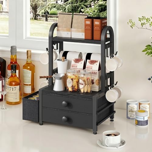 HOOBRO Coffee Mug Tree, 2 Tier Mug Organizer, Coffee Mug Cup Holder with Drawer Compatible with 40K-Cup Pods, Mug Display Stand with 8 Hooks, Countertop Holder Rack for Kitchens, Black BB04CR01 - Image 2
