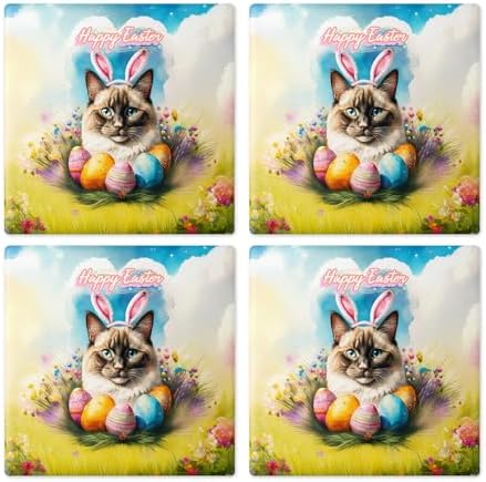 Happy Easter Ragdoll with Bunny Ear Headband and Flowers Set of 4 Stone Coasters Cat Lover Kitten Owner Gifts Idea 4x4in Absorbent Soapstone Coaster 13001 - Image 2