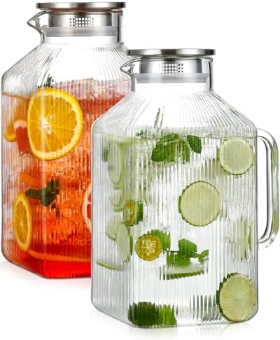 2 Pack 1 Gallon thickened Square Glass Pitcher with Lid, Classic Stripes Water Pitchers for Fridge, Borosilicate Glass Carafe for Hot/Cold Brew Drink, Extra Large Jug with Handle for Iced Tea, Coffee by Unknown