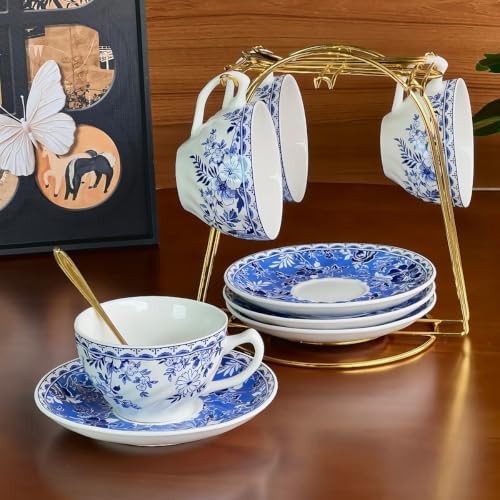 Blue and White Porcelain Coffee Cup and Saucer Set - Image 7