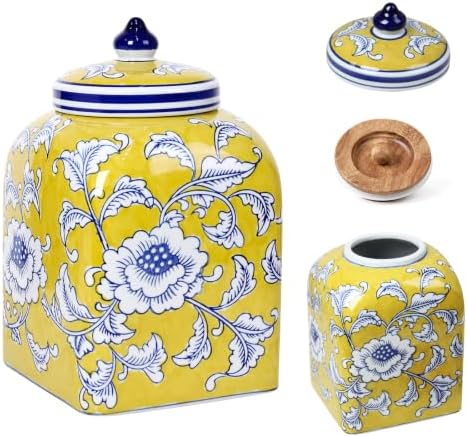 Ceramic Tea Canister with Airtight Lid, 10" H Kitchen Decor Jar for Loose Leaf Tea & Coffee Bean Storage, Hand-painted Chinoiserie Ginger Jars for Home Decor, 121 fl oz - Yellow Peony by Unknown