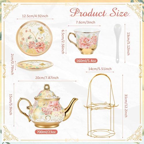 Zhehao 20 Pcs Porcelain Tea Set for Adult, with Metal Holder, Gorgeous - Image 2