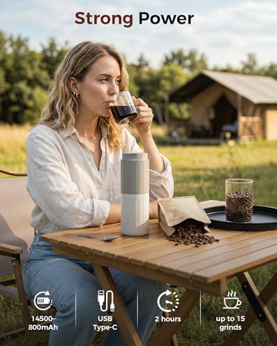 Portable Electric Burr Coffee Grinder - Grind While Charging - Insulated Mug and Pour Over for Travel, Cordless/Rechargeable Coffee Bean Grinders for Travel,Camping, Car-White - Image 2