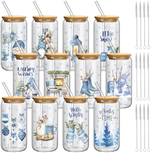 Teenyyou 12 Sets Christmas Glasses Cups with Bamboo Lid and Glass Straw, 16 oz Blue Winter Gnome Snowman Glass Jar Drinking Cups, Festive Elk Christmas Tree Coffee Cup for Xmas Holiday Party Gifts by Teenyyou