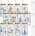 Teenyyou 12 Sets Christmas Glasses Cups with Bamboo Lid and Glass Straw, 16 oz Blue Winter Gnome Snowman Glass Jar Drinking Cups, Festive Elk Christmas Tree Coffee Cup for Xmas Holiday Party Gifts by Teenyyou