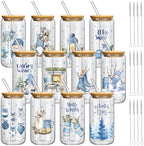Teenyyou 12 Sets Christmas Glasses Cups with Bamboo Lid and Glass Straw, 16 oz Blue Winter Gnome Snowman Glass Jar Drinking Cups, Festive Elk Christmas Tree Coffee Cup for Xmas Holiday Party Gifts by Teenyyou