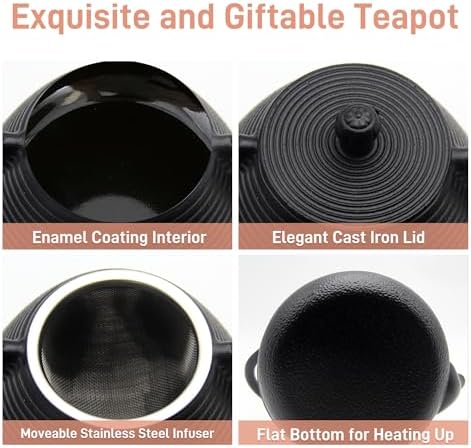 20.3oz Small Cast Iron Teapot, SECHUDO Cast Iron Tea Kettle for Stovetop Safe Coated with Enameled Interior, Cast Iron Tea Pot with Stainless Steel Infuser for Loose Tea (Black Pinstripe Pattern) - Image 5