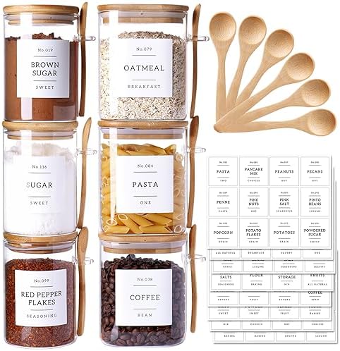 CZSZYGHBAO 6 Pack Glass Jars with Bamboo Lid and Spoons - 17Oz/27Oz Borosilicate Glass Jars with 132 Pantry Labels - for Coffee Beans, Tea, Sugar & More by CZSZYGHBAO