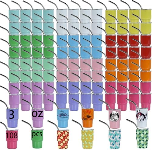 CHLJAR 3 oz Mini Tumbler, 108 pack Mini Tumblers Shot Glass with Straw and Lid, Colored Stainless Steel Double Wall Vacuum Insulated Cups for Party, Birthday, Festival, Wedding (12 Colored) by Unknown