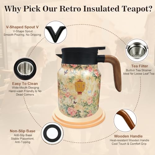 Vintage Teapot with Infuser, 35 oz Insulated Tea Pot for Loose Leaf Tea - Image 5