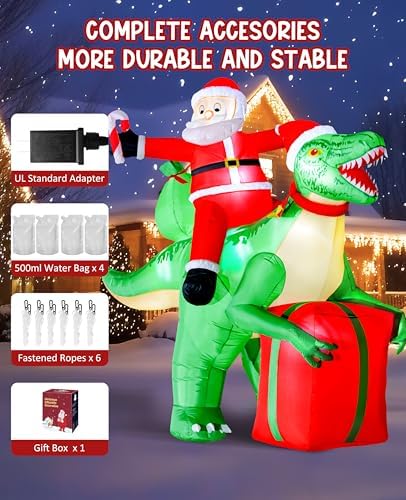 9x7.38ft Christmas Inflatables Santa Riding Dinosaur with Built-in LED,Dinosaur Inflatable Christmas Blow Up Yard Decorations with Water Bags Stakes Strings Gift Bag for Garden Yard Party Lawn - Image 6